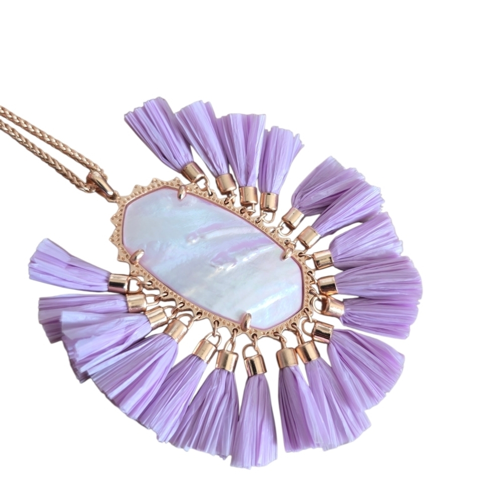 Kendra Scott Lavender BETSY Raffia Tassel Rose Gold Tone Chain Necklace NWOT